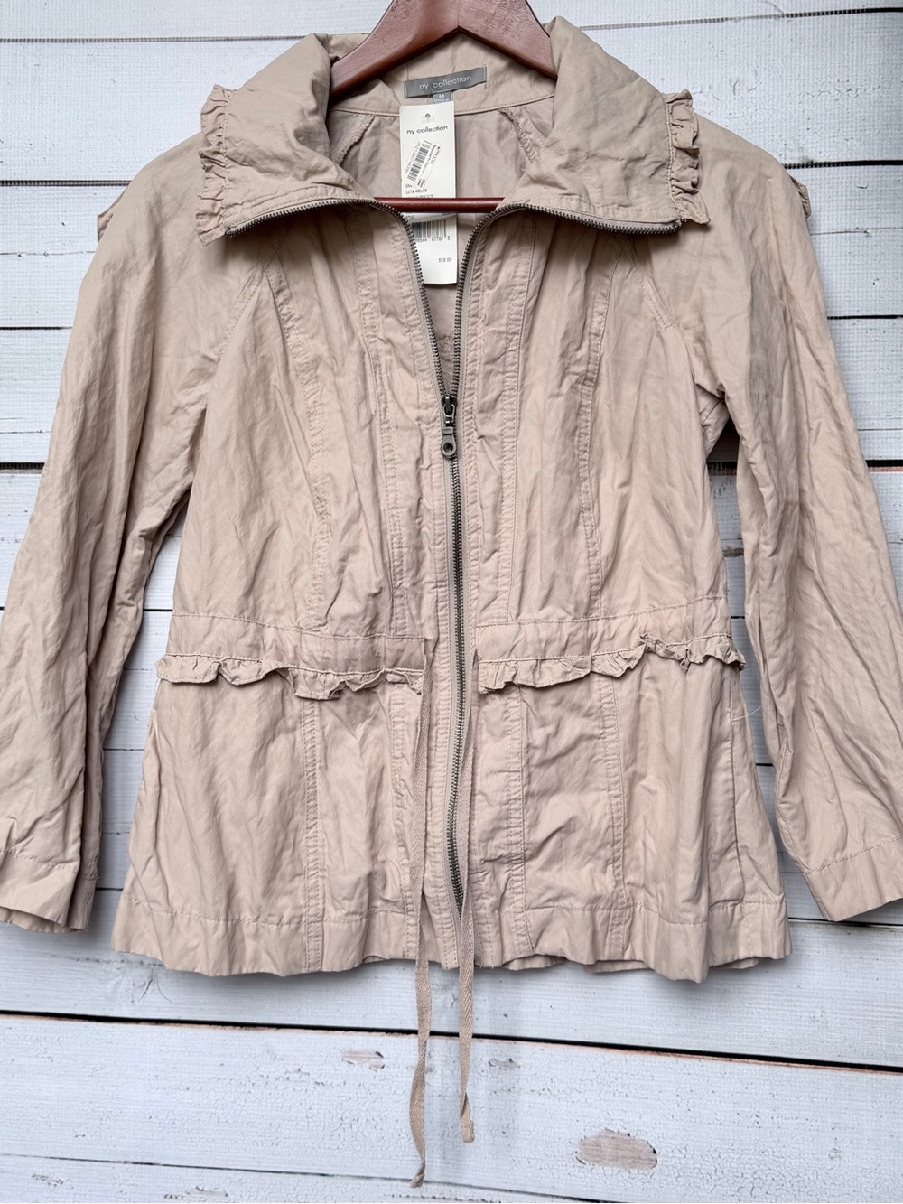 NY Collection Women's Light Beige Utility Jacket with Ruffle Trim
